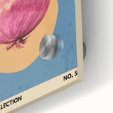 Large abstract wall art featuring assorted fruits in vibrant colors on acrylic glass, suitable for dining room decor.