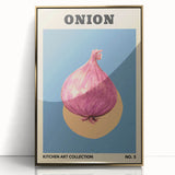 Large art print of assorted fruits in vibrant colors, framed in gold acrylic, in a mid-century modernist style.