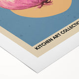 Art deco poster featuring an assortment of fruits in bold colors on a rolled canvas, suitable for dining room decor.