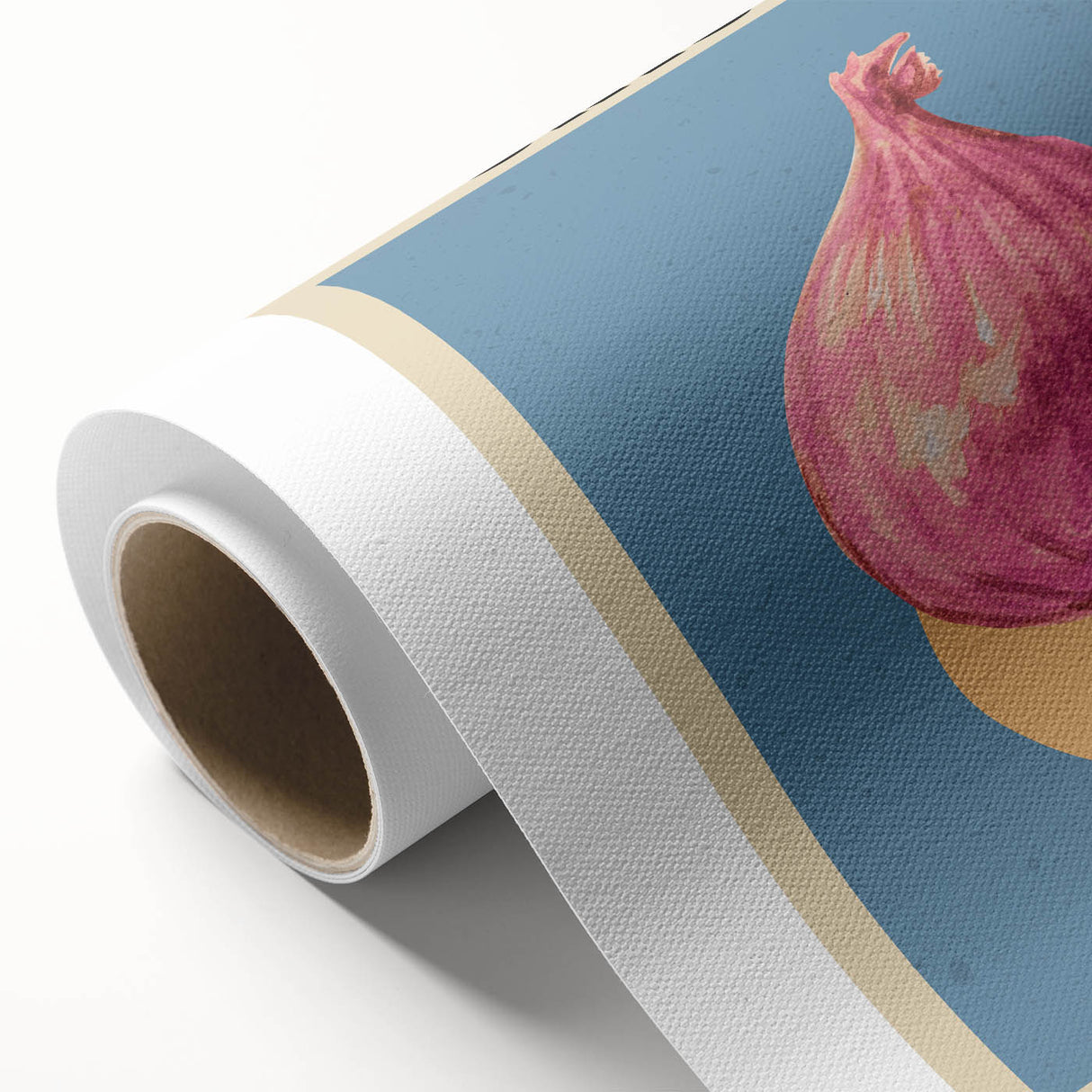 Art Deco poster featuring an array of colorful fruits on rolled canvas.