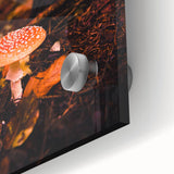 Large abstract wall art depicting autumnal trees in orange and red tones on acrylic glass, suitable as dining room art.