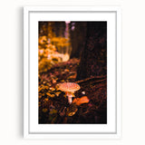 Abstract art print featuring swirling autumn colors on a white framed canvas, suitable for bedroom or dining room decor.