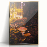 Large acrylic print of a mid-century modernist fall scene in gold and orange tones, ideal for modern art wall decor.