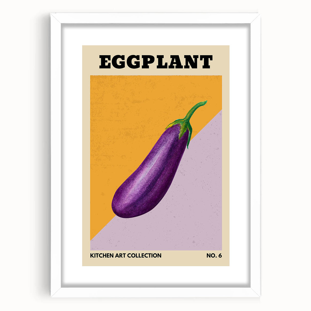 Abstract art print featuring assorted fruits in vibrant colors on a white framed canvas, ideal for dining room decor.