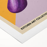 Art deco poster of assorted fruits in vibrant colors on a rolled canvas, suitable for dining room wall art.