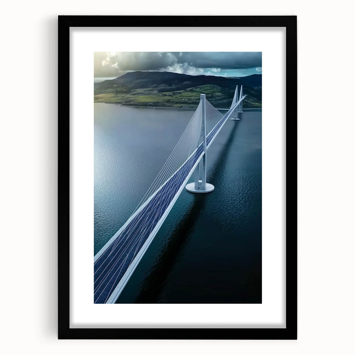 Black landscape bridge frame with a mat, showcasing a sleek front view design, perfect for contemporary decor. Ideal for displaying artwork or photographs.