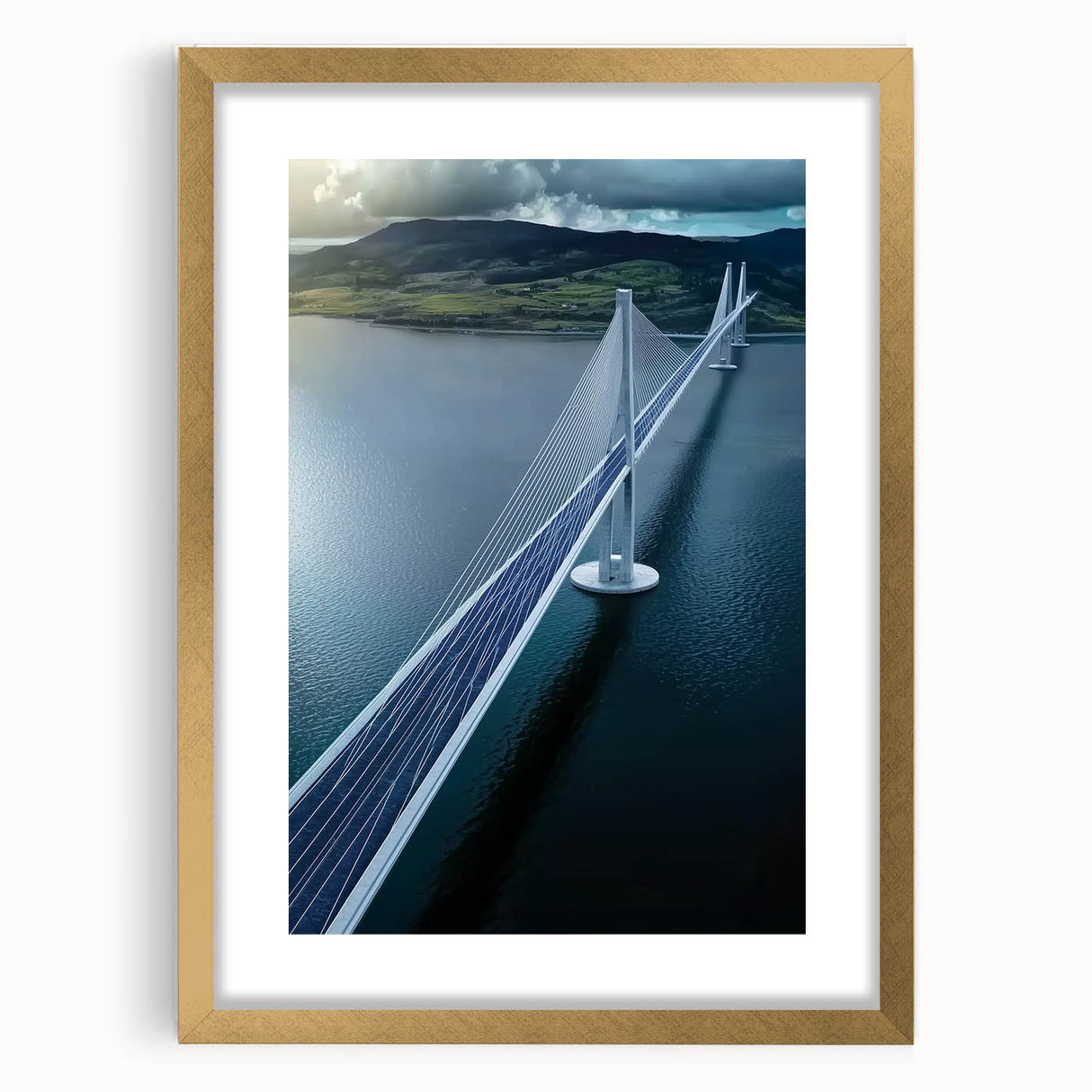 Elegant landscape bridge frame with a gold mat, showcasing a sophisticated front view that enhances home decor aesthetics, perfect for art enthusiasts and interior design lovers.