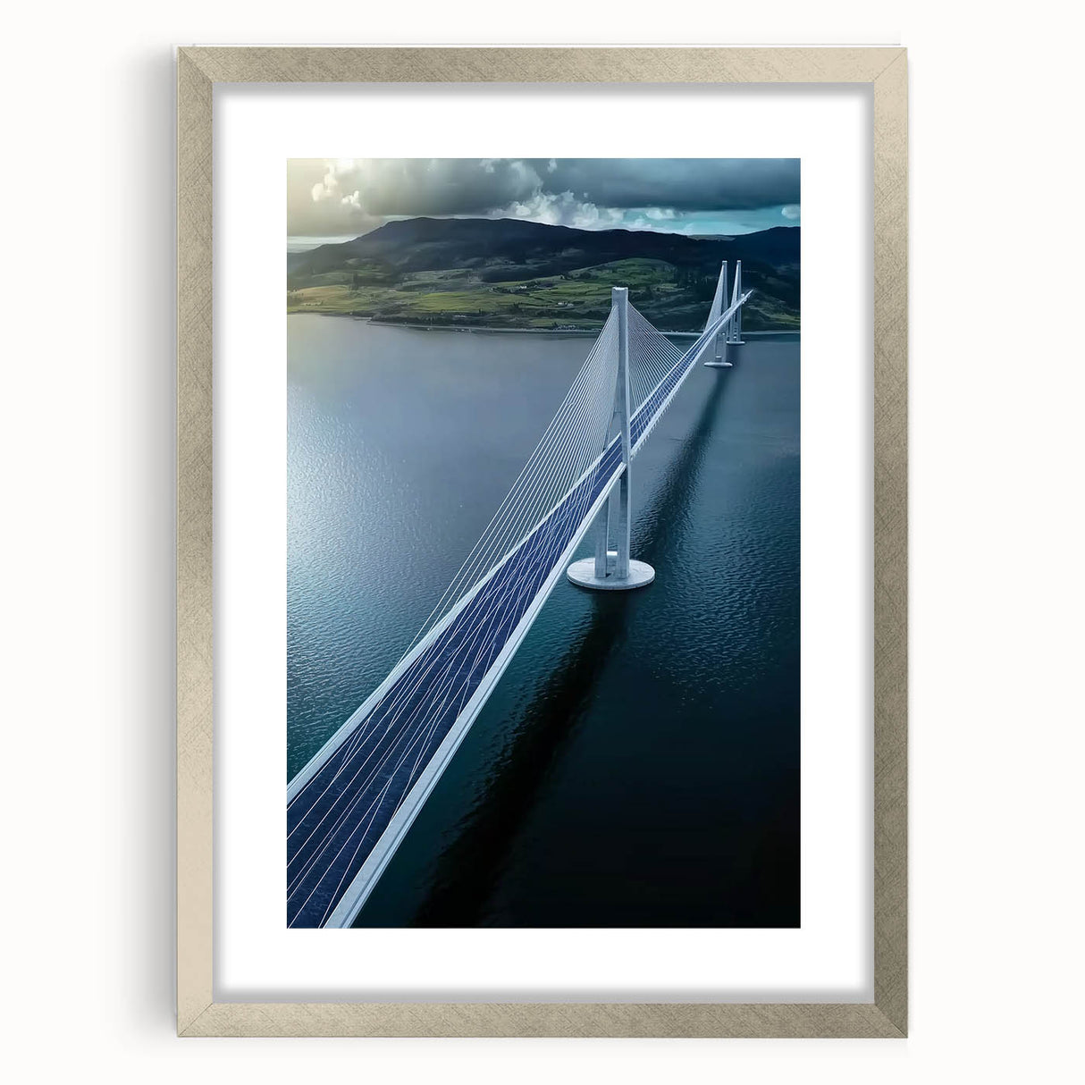 Landscape bridge frame with a silver mat, showcasing a modern design ideal for displaying photos or artwork, set against a neutral background for elegance.