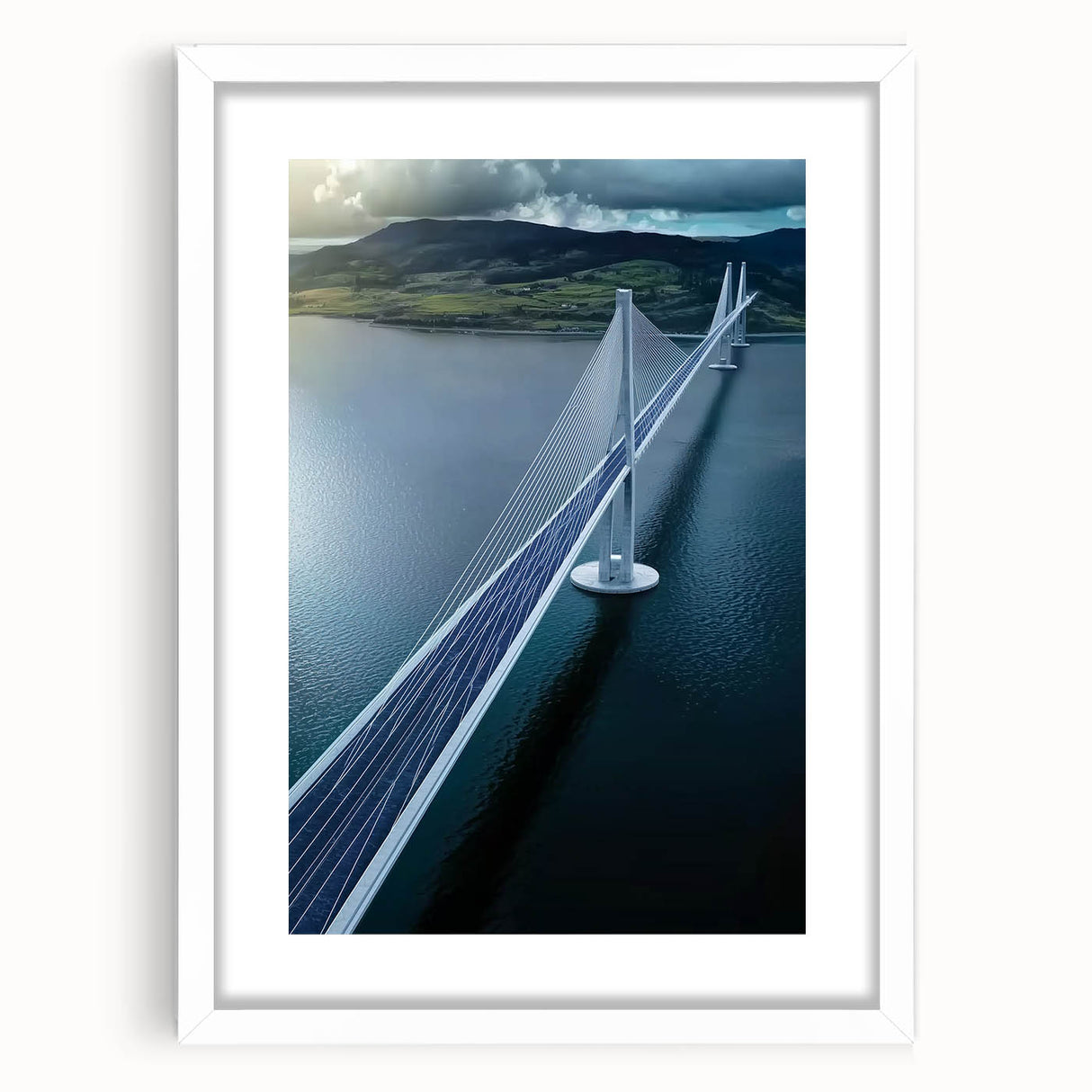 Landscape bridge frame with a white mat, showcasing a modern design that enhances any decor. Ideal for home or office display, emphasizing elegance and sophistication.