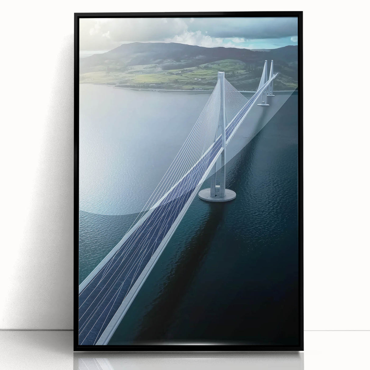 Framed acrylic artwork of a landscape bridge in a serene setting, highlighting vibrant colors and intricate details. Ideal for home decor enthusiasts seeking unique wall art.