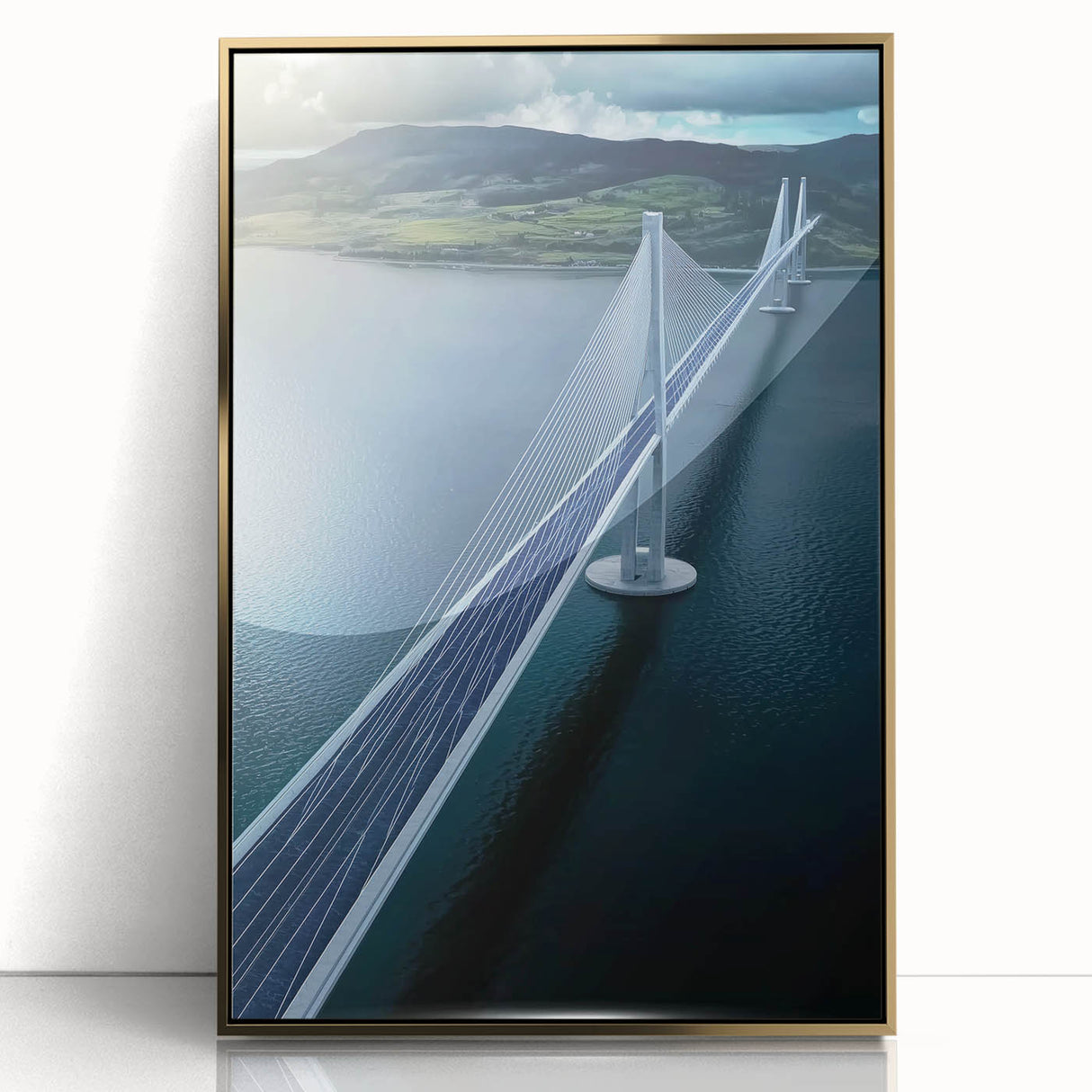 Framed acrylic artwork depicting a stunning landscape bridge scene with gold accents, showcasing vibrant colors and intricate details, perfect for home decor.