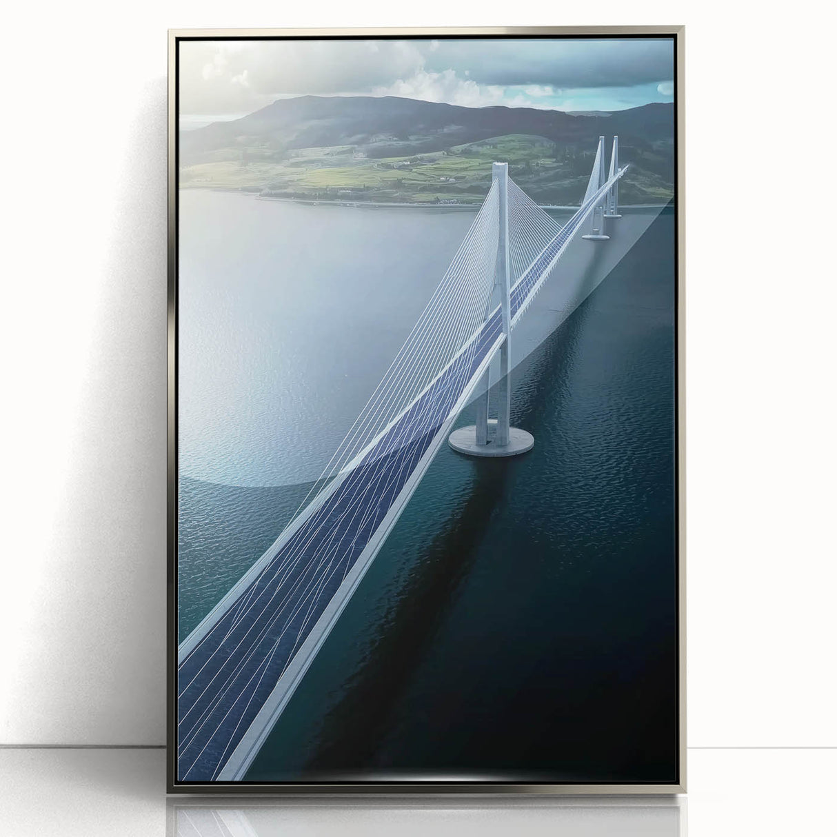 Framed acrylic landscape artwork showcasing a silver bridge design, elegantly displayed from the front, perfect for modern home decor and interior design enthusiasts.