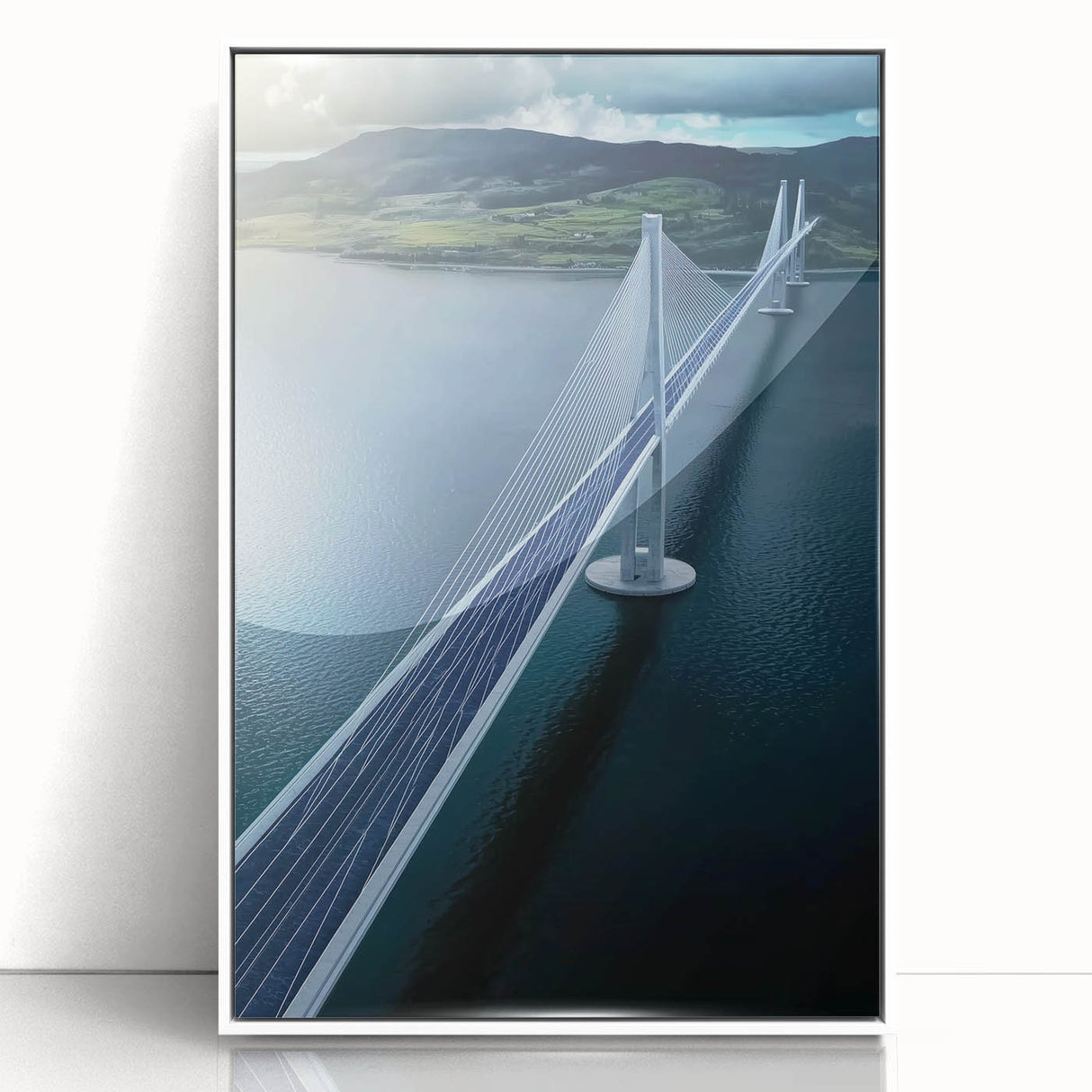 Framed acrylic artwork depicting a serene landscape bridge scene with vibrant colors, showcasing intricate details and a white frame that enhances its elegance. Perfect for home decor.
