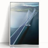 Framed acrylic artwork depicting a serene landscape bridge scene with vibrant colors, showcasing intricate details and a white frame that enhances its elegance. Perfect for home decor.