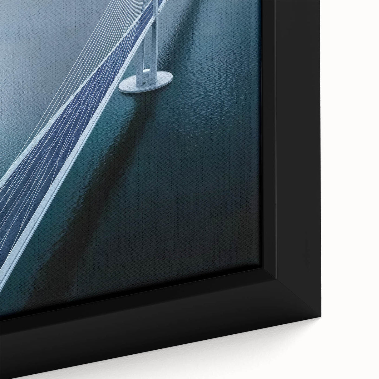 Close-up of a framed canvas artwork depicting a serene landscape bridge, showcasing vibrant colors and intricate details, perfect for home decor enhancement.