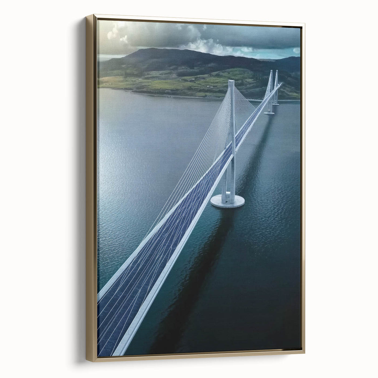 Framed canvas artwork of a landscape bridge with a gold frame, showcasing intricate details and vibrant colors, perfect for home decor enthusiasts.