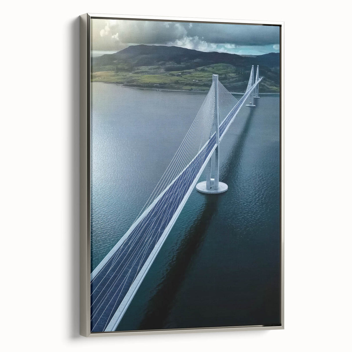 Framed landscape canvas depicting a serene bridge scene, featuring silver accents and a side view that highlights intricate details and vibrant colors, perfect for home decor.