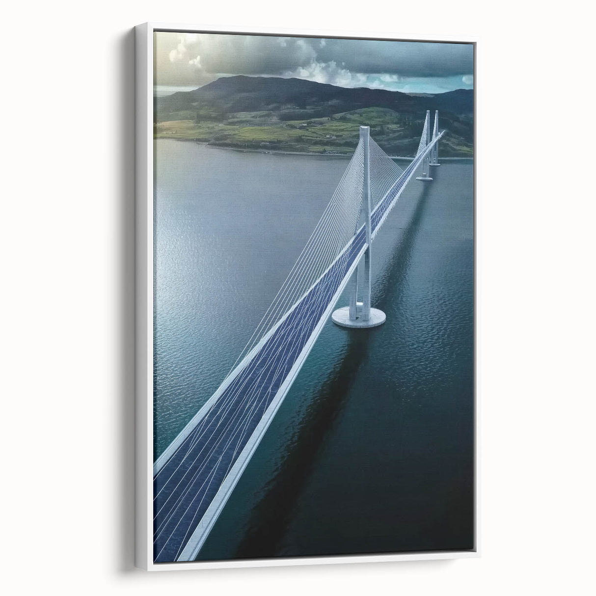 Framed canvas art depicting a serene landscape bridge scene, showcasing vibrant colors and details from a side view, perfect for home décor accent pieces.
