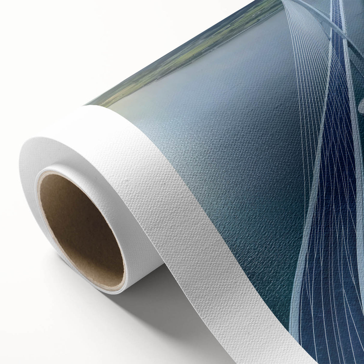 Rolled canvas artwork showcasing a vibrant landscape bridge design, featuring rich colors and intricate details, packaged securely in a protective cardboard tube for safe delivery.