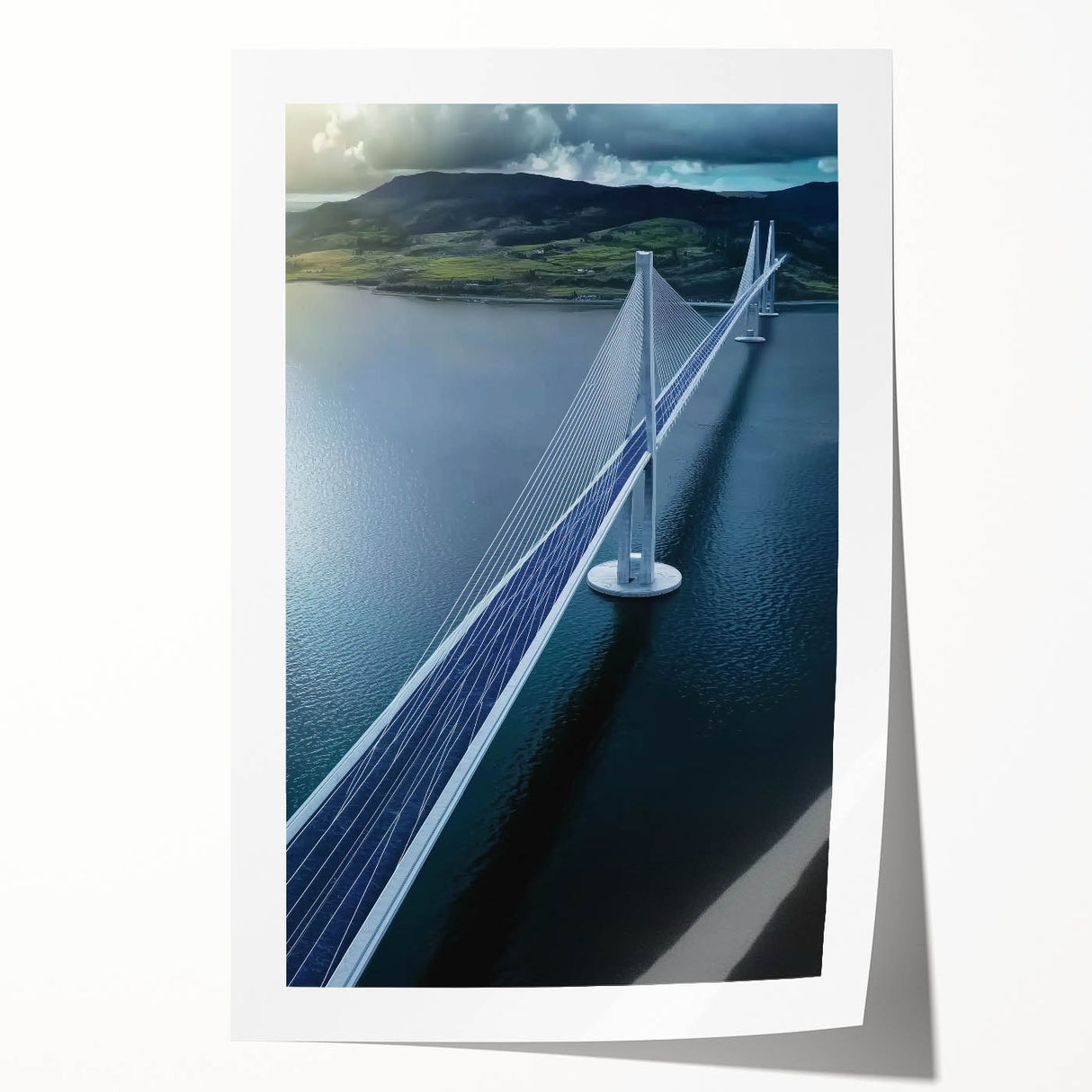 Landscape bridge rolled canvas print showcasing a serene river scene with lush greenery and a clear blue sky, packaged securely in a cardboard tube for easy transport and display.