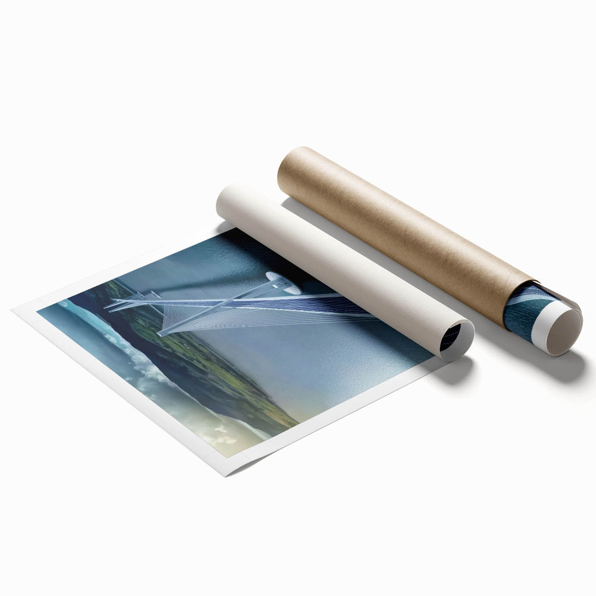 Rolled print showcasing a detailed landscape bridge design, featuring vibrant colors and intricate textures, securely packaged in a durable cardboard tube for easy shipping and display.