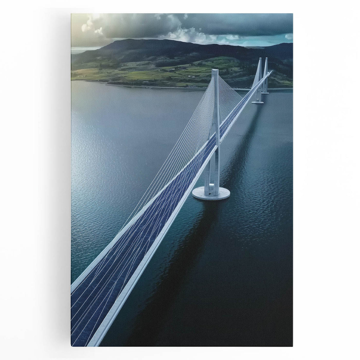 Landscape canvas art depicting a serene bridge scene with lush greenery and a tranquil waterway, perfect for enhancing home decor in natural themes.