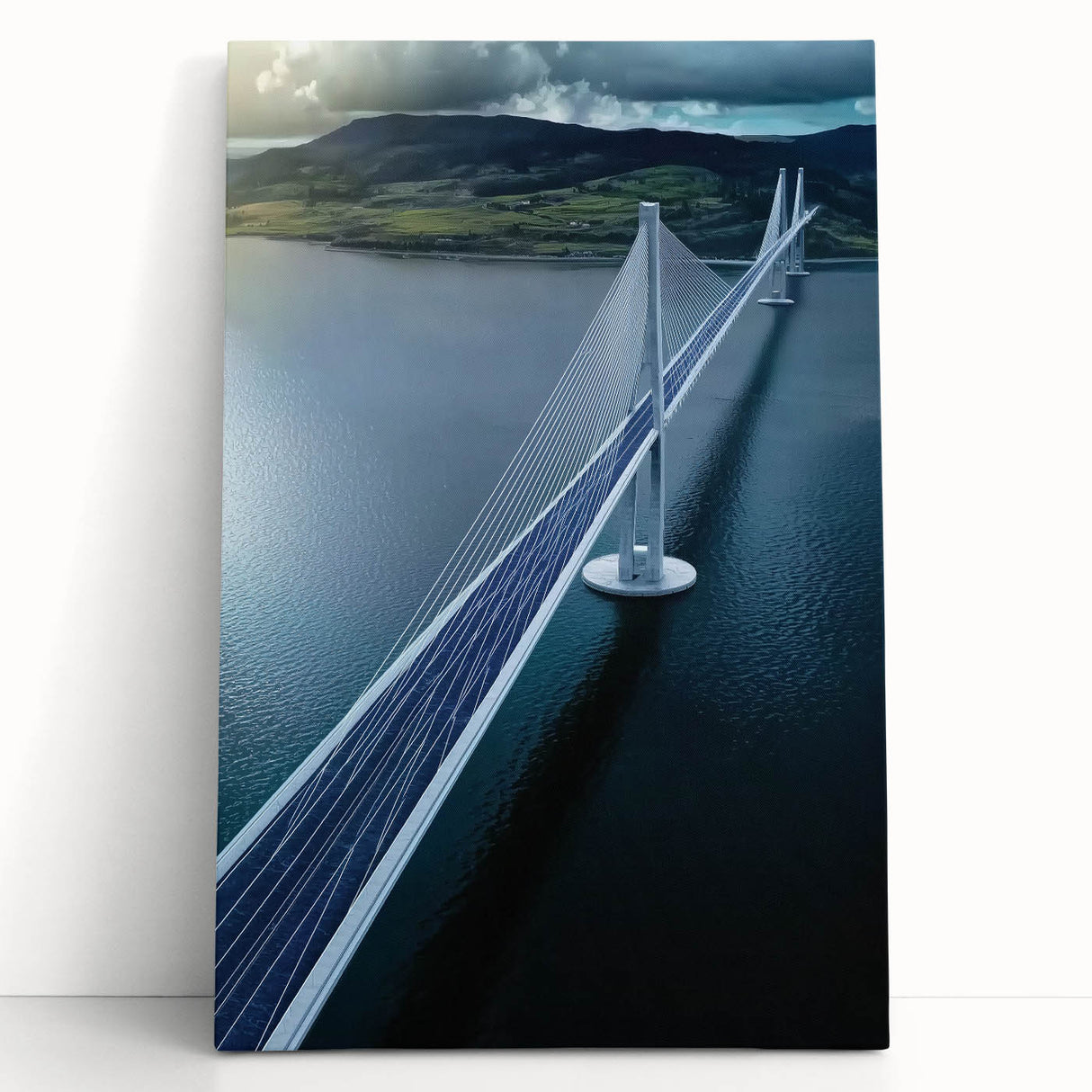Stretched canvas art depicting a serene landscape bridge scene, featuring vibrant colors and intricate details, perfect for home decor and enhancing ambiance.