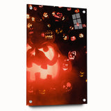 Large abstract wall art on acrylic glass depicting fall foliage in orange and red tones, ideal for dining room decor.