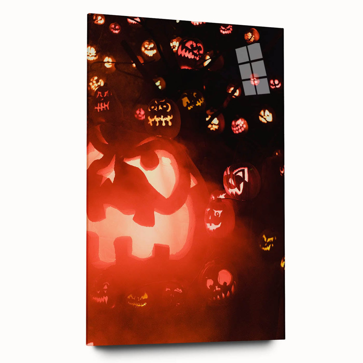Large abstract wall art depicting autumn leaves in red and orange hues on acrylic glass.