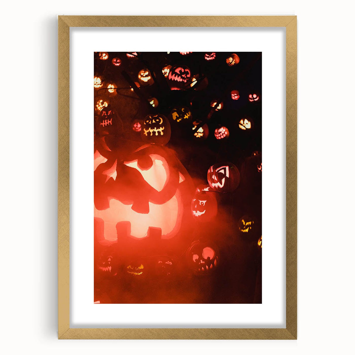 Extra large abstract art print with textured layers in gold and orange tones, framed with a gold mat.