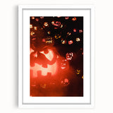 Abstract art print depicting autumn leaves in orange and red tones on a white framed canvas, ideal for dining room decor.