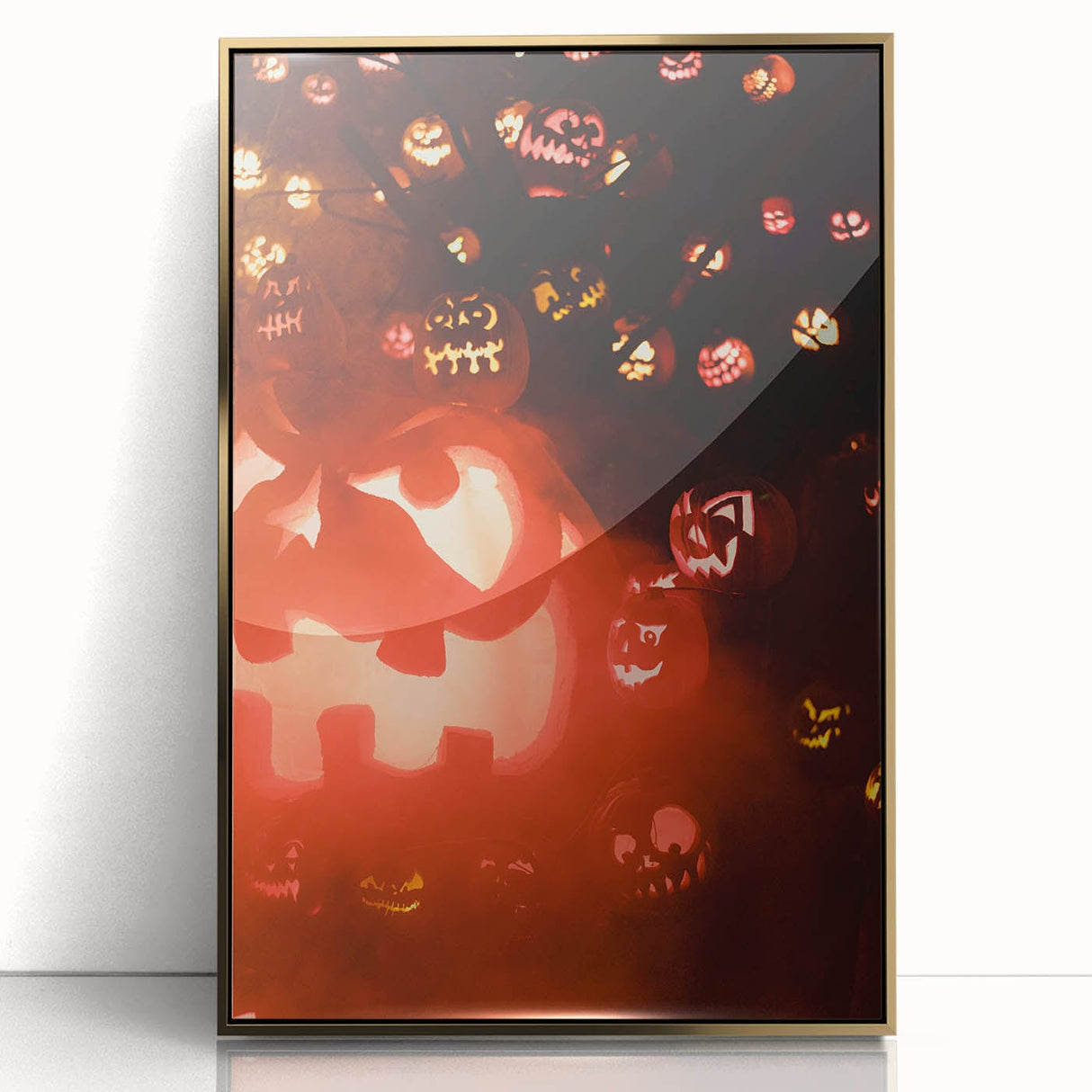 Large art print of a mid-century modernist autumn scene in gold and orange tones, acrylic framed.