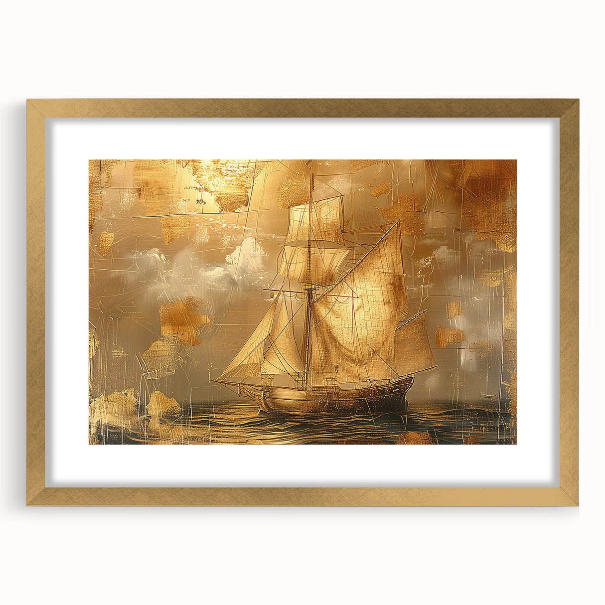 Abstract landscape wall art framed with a gold mat, showcasing vibrant colors and unique textures, perfect for modern home decor or office aesthetics.
