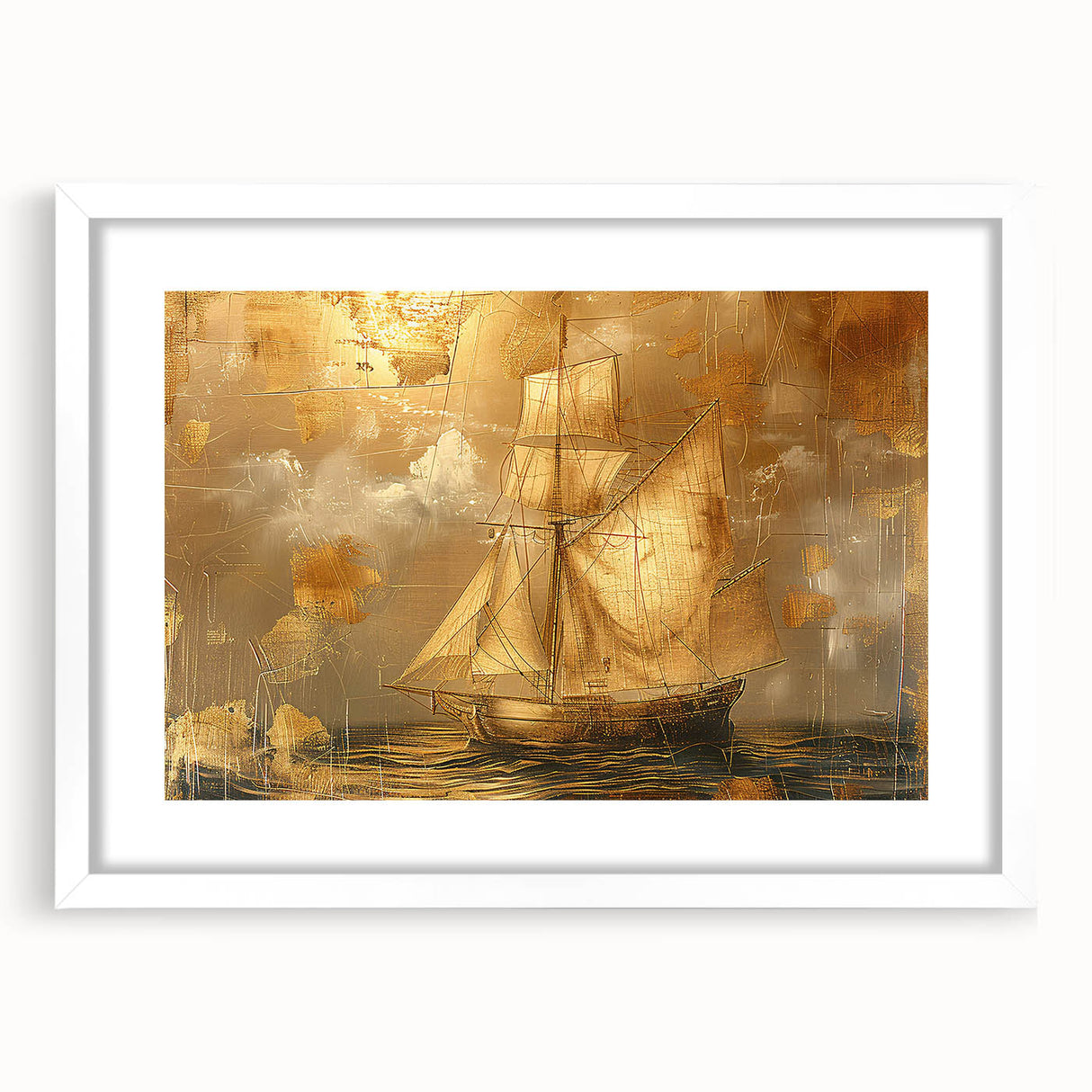 Abstract landscape wall art framed in white with a mat, showcasing vibrant colors and dynamic shapes, perfect for modern home decor and artistic expression.