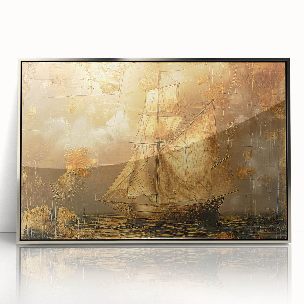 Framed abstract landscape wall art in silver acrylic, showcasing vibrant colors and dynamic shapes, ideal for modern home decor. Perfect accent piece for living rooms or offices.