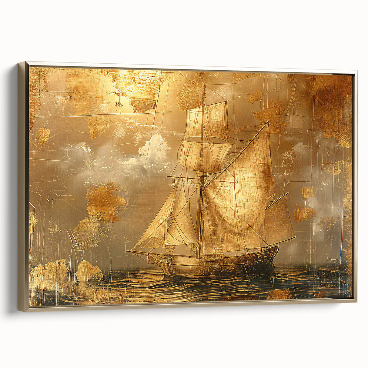 Framed abstract landscape wall art showcasing a serene gold and neutral color palette, perfect for modern home decor. Side view highlights its elegant framing and artistic depth.