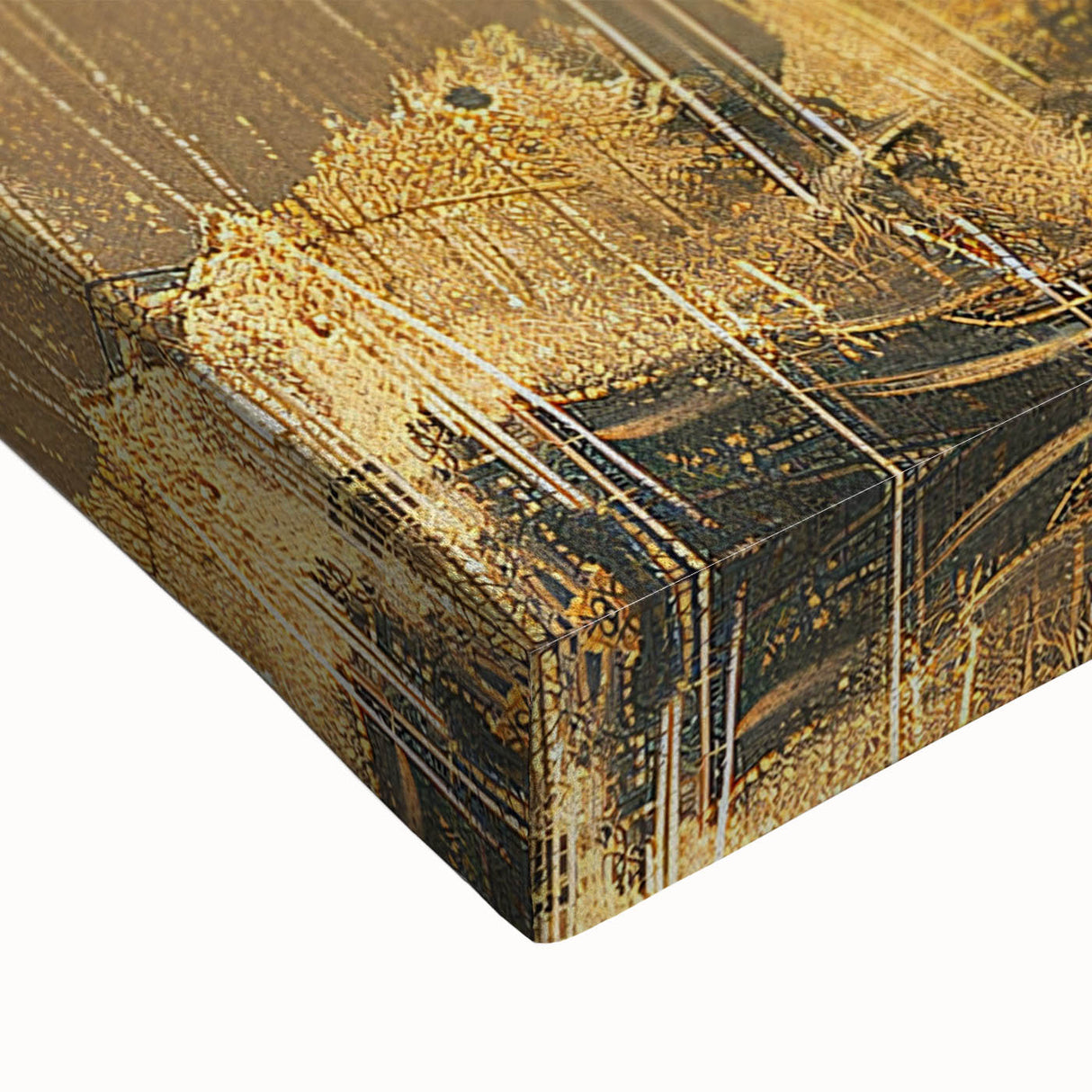 Close-up of vibrant abstract landscape wall art on stretched canvas, showcasing rich colors and intricate textures, perfect for modern home decor accents.