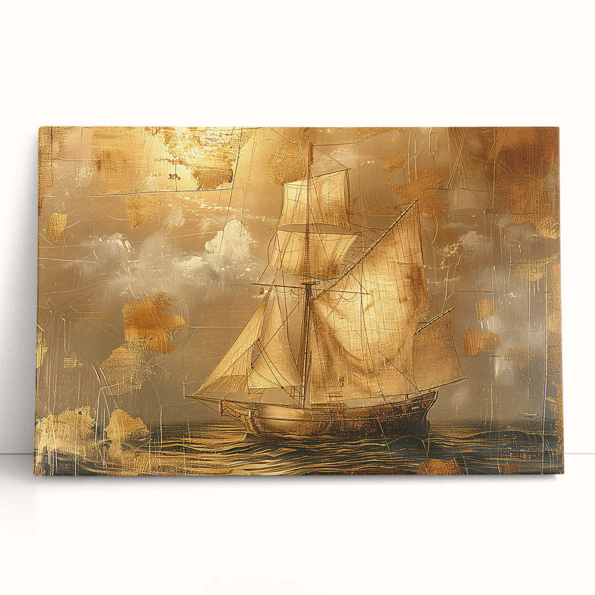 Abstract landscape wall art on stretched canvas, featuring vibrant colors and flowing shapes, leaning against a neutral wall, adding a contemporary touch to home decor.