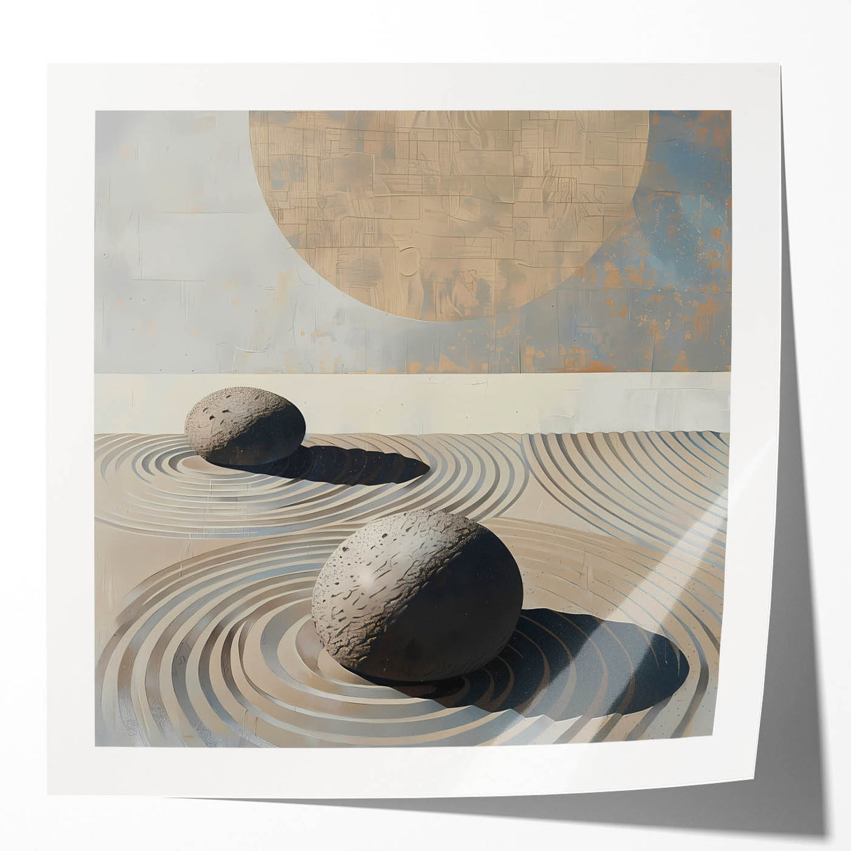 Abstract minimalist wall art print showcasing soft pastel colors and geometric shapes, displayed in a glossy mockup setting, perfect for modern home decor.