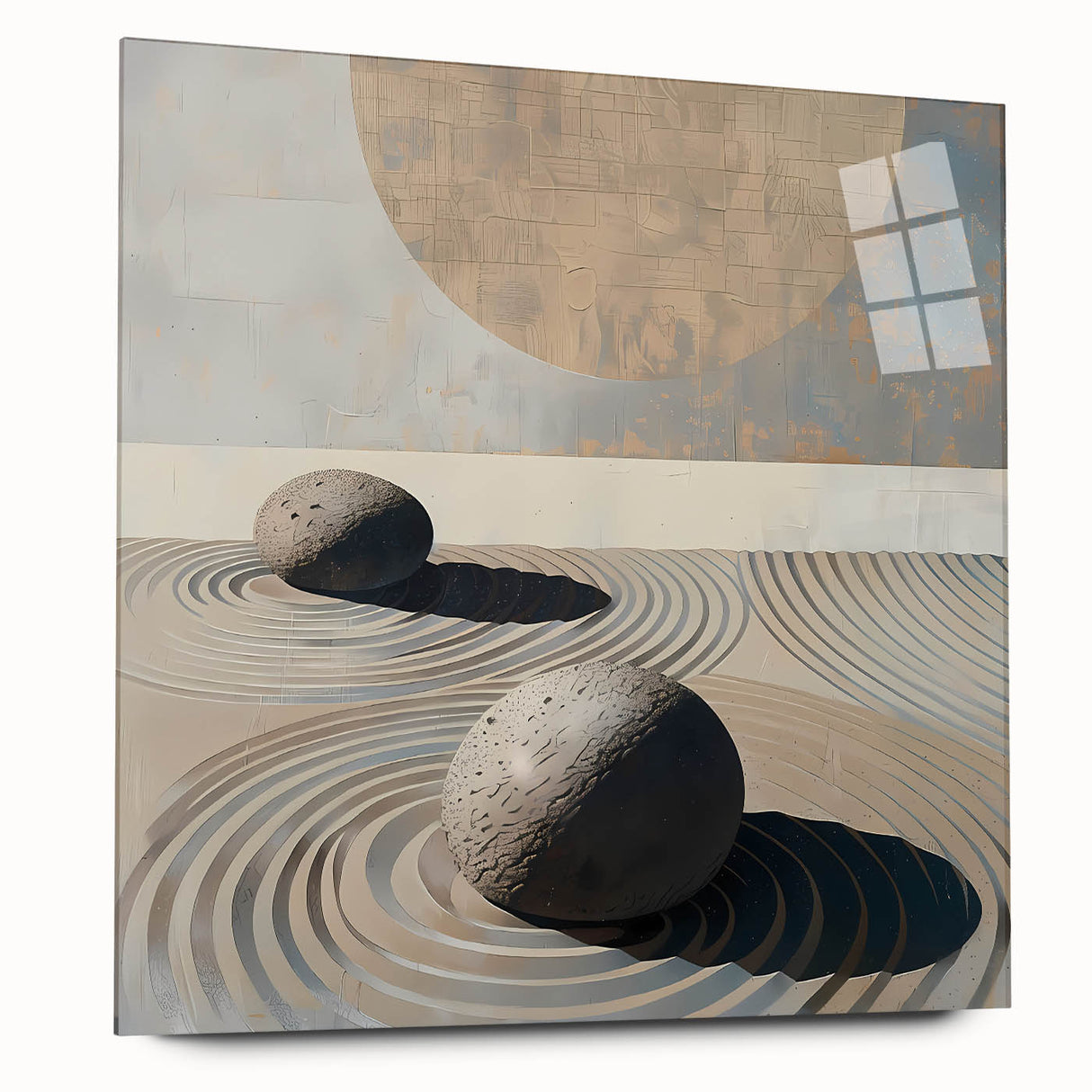 Abstract minimalist wall art design showcased in a sleek acrylic frame, featuring soft pastel colors and geometric shapes, ideal for modern decor.