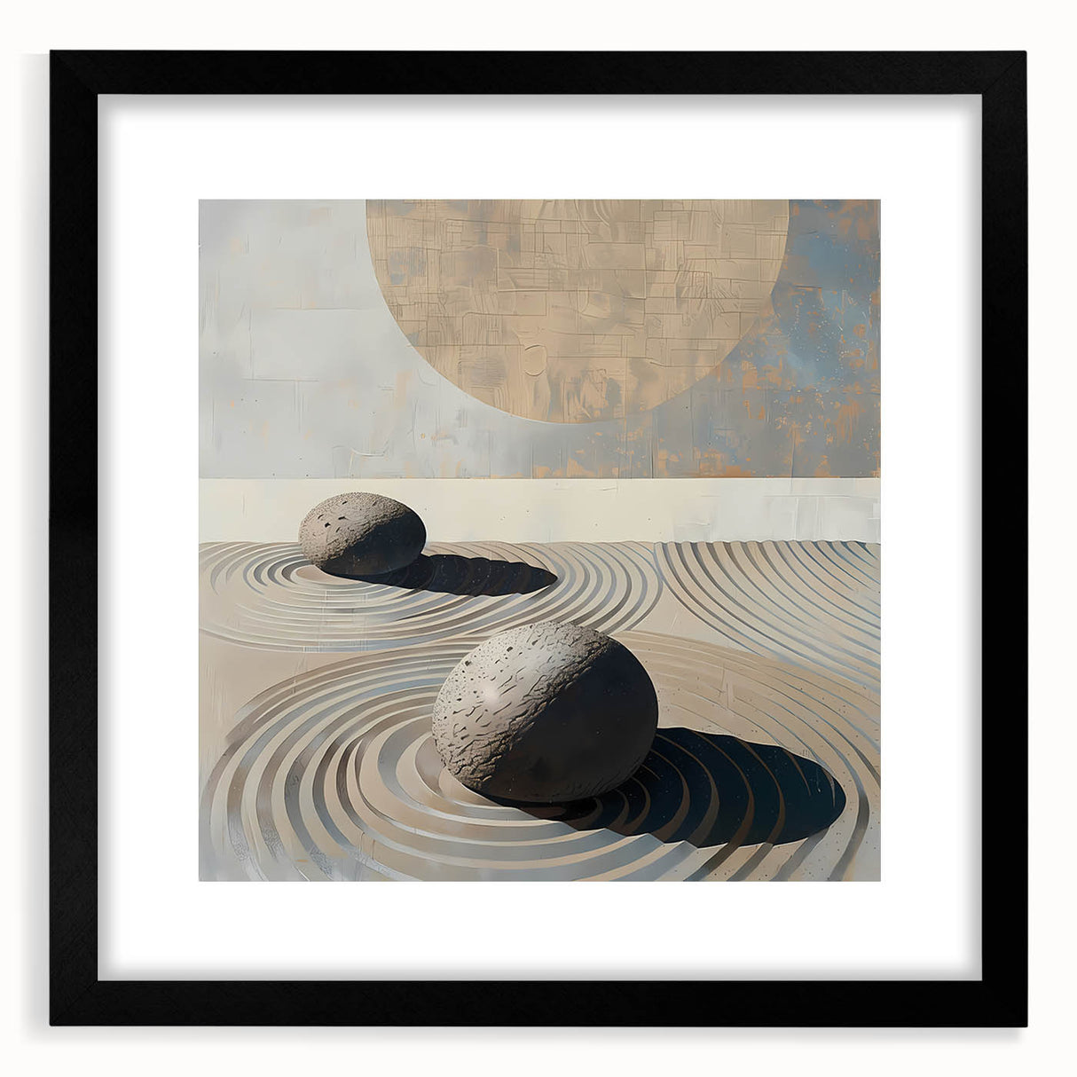 Abstract minimalist wall art featuring geometric shapes in a black frame with a white mat, ideal for modern decor and enhancing interior aesthetics.