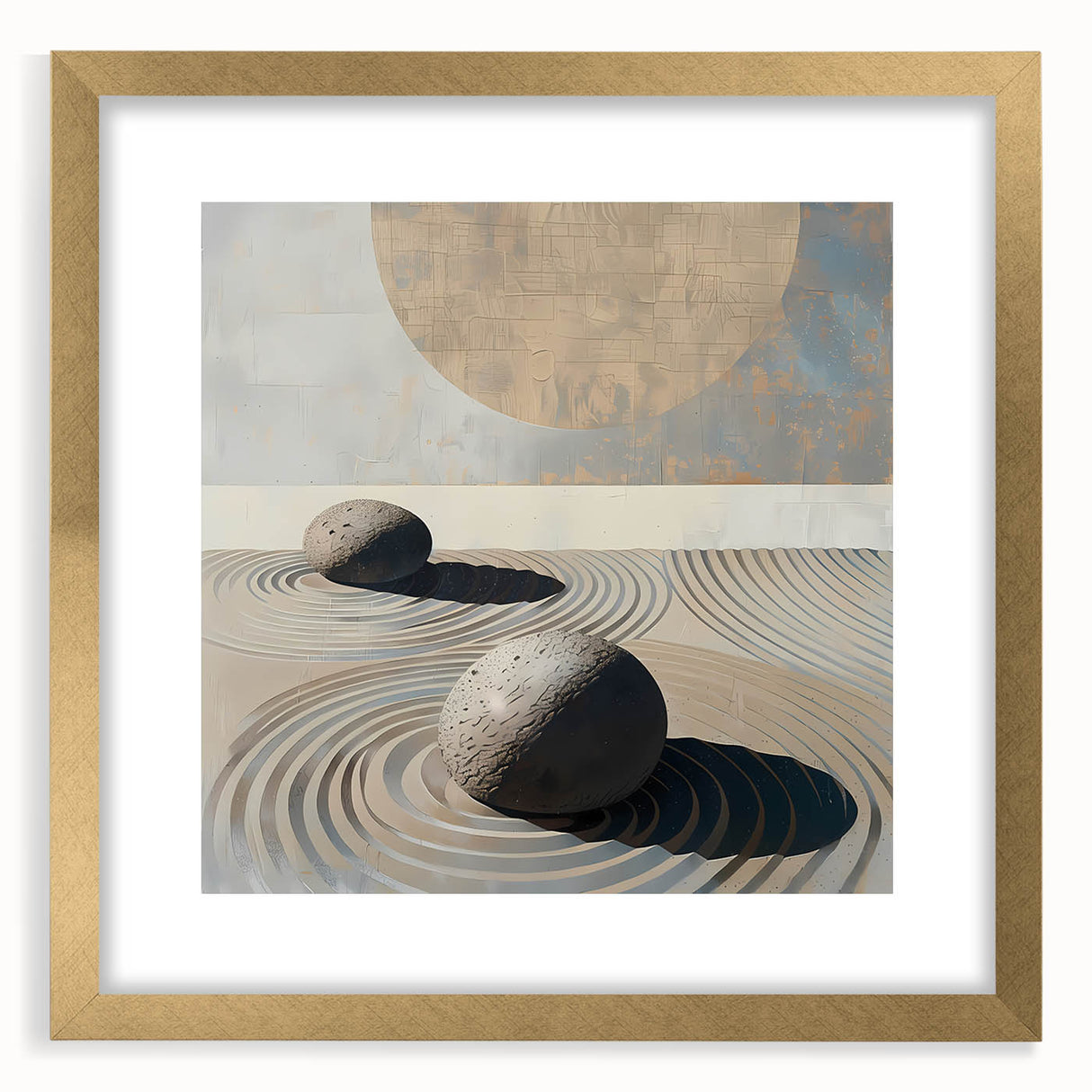 Abstract minimalist wall art featuring geometric shapes in soft pastel colors, framed with a sleek gold border and white mat, enhancing modern decor aesthetics.