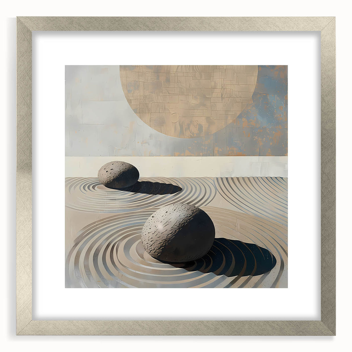 Minimalist abstract wall art framed in a sleek silver frame with a white mat, showcasing elegant designs ideal for modern home decor and art enthusiasts.