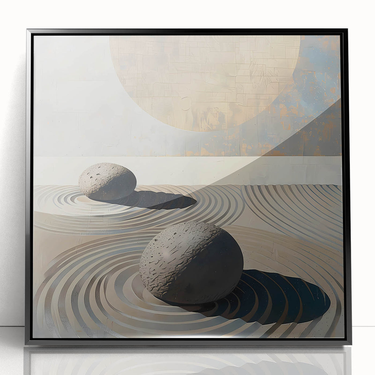 Framed minimalist abstract wall art in black acrylic, featuring geometric patterns and a sleek design, perfect for modern home decor or office spaces.