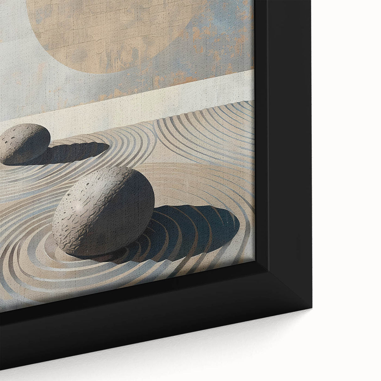 Close-up of an abstract minimalist wall art framed canvas showcasing soft pastel colors and geometric shapes, ideal for modern home decor. The artwork exudes a calming vibe, perfect for enhancing living spaces.
