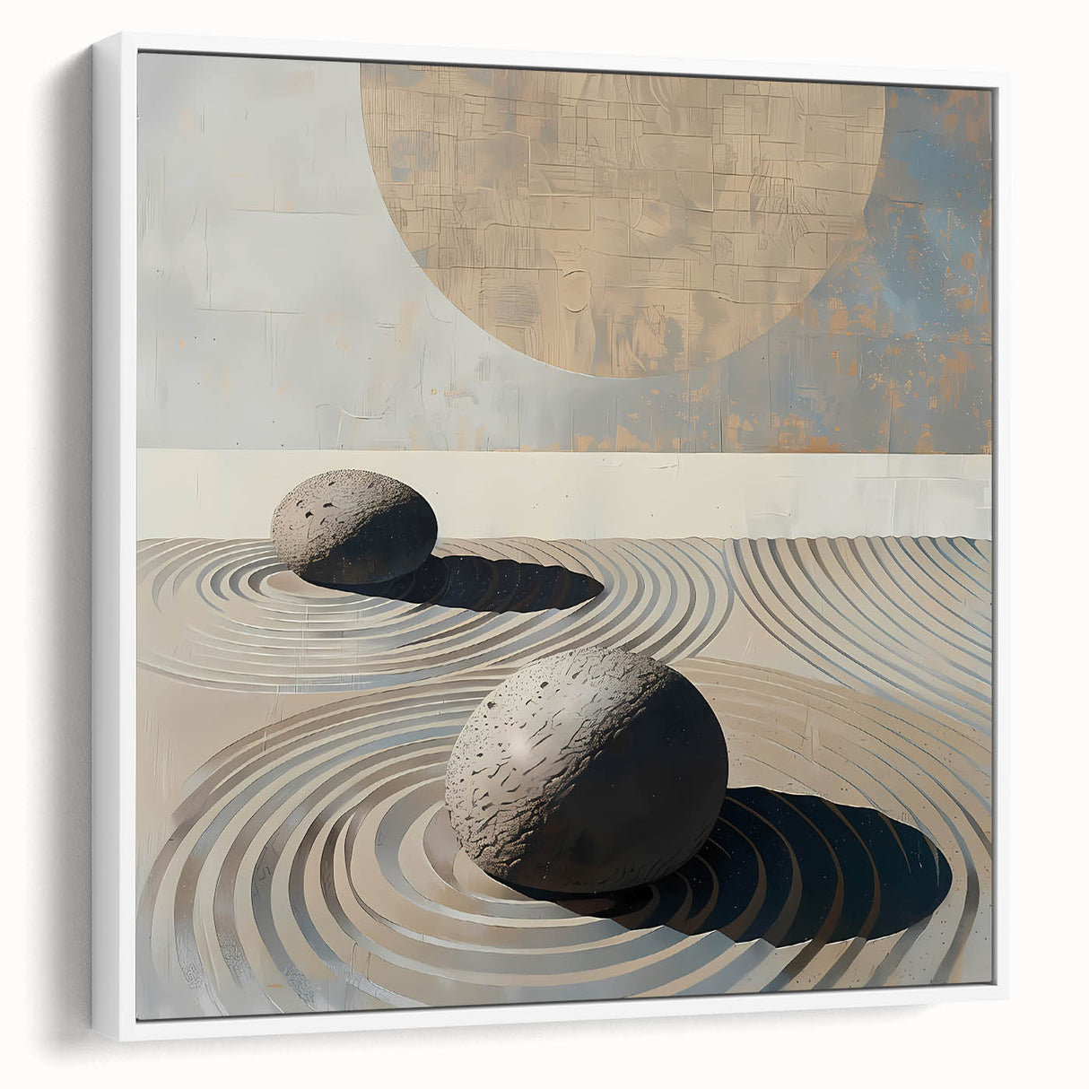 Framed abstract minimalist wall art in white, showcasing sleek lines and subtle textures, perfect for modern decor. Side view highlights its elegant design.