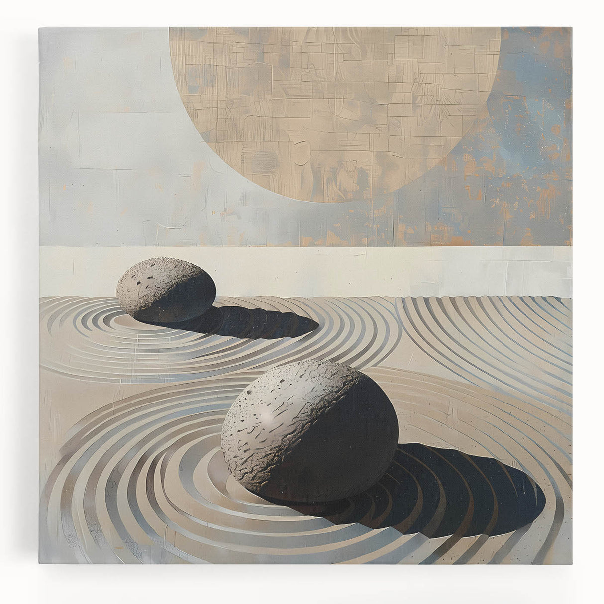 Abstract minimalist wall art on stretched canvas showcasing a serene blend of soft pastel colors, ideal for modern interior decor and enhancing any living space.