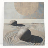 Abstract minimalist wall art featuring soft beige and white tones on stretched canvas, leaning against a neutral wall, enhancing modern interior decor.