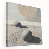 Abstract minimalist wall art on a stretched canvas, showcasing soft earth tones and geometric shapes, suitable for modern home decor. The side view highlights the canvas's depth and texture, perfect for adding a contemporary touch to any interior space.