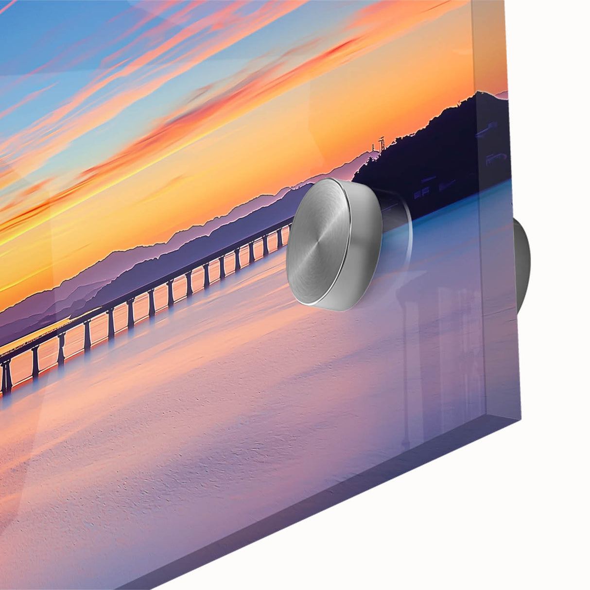 Close-up of a vibrant acrylic glass artwork depicting a landscape bridge, showcasing intricate details and colors that enhance its artistic appeal for home decor.